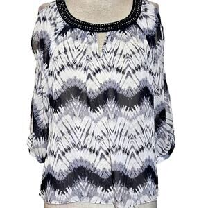 Black and White Sheer Open Shoulder Long Sleeve Blouse Size Small
